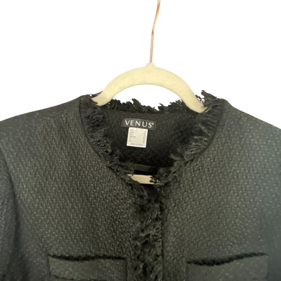 Venus Womens Black Fringe-Trim Textured Open Front Long Jacket Sz 12 Whimsygoth - Picture 3 of 5